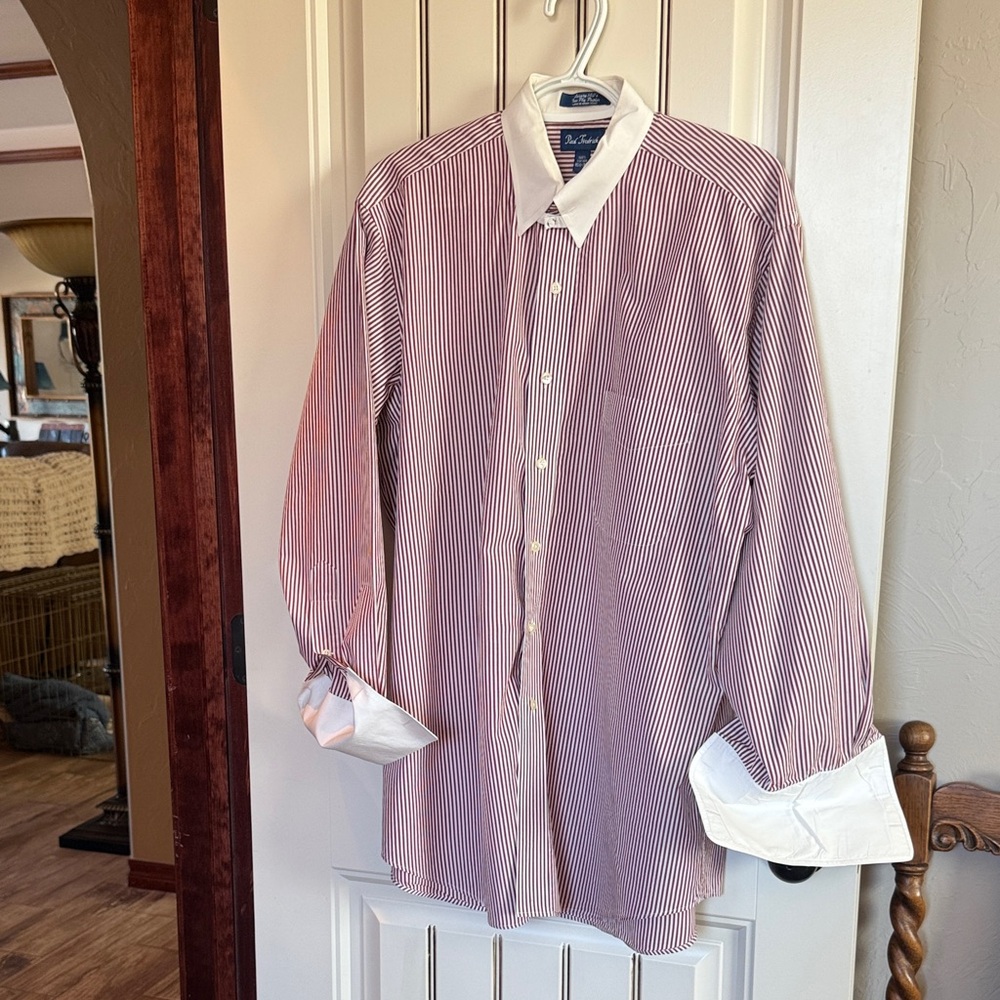 Paul Fredrick 100% Cotton Burgundy and White Striped Dress Shirt Good Condition